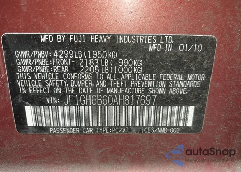 2010 Subaru Impreza 2.5I Premium from USA, damaged, VIN JF1GH6B60AH817697